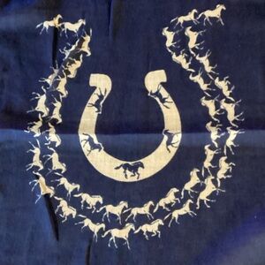 Horse Scarf with a Royal Blue Background,  White Horses and White Horseshoes.